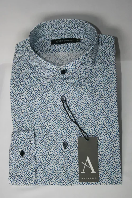 Chemise Manches Longues Ville Imp Feuilles Modern Bleu Moyen