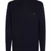 Pull Col Cheminee Torsade 1/2 Zip Bleu Fonce