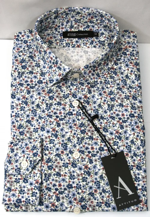 Chemise Manches Longues Ville Fleurs Bleues Modern-2 Bleu Moyen