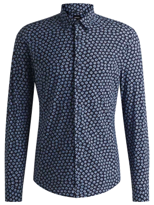 Chemise Manches Longues Ville Performance Fleurs Marine Bleu Fonce