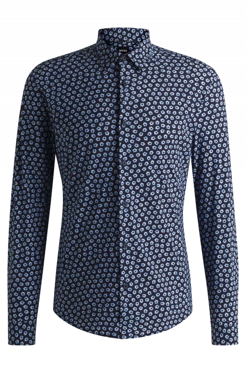 Chemise Manches Longues Ville Performance Fleurs Marine Bleu Fonce