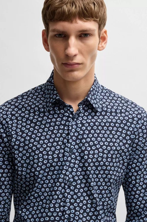 Chemise Manches Longues Ville Performance Fleurs Marine Bleu Fonce – Image 2