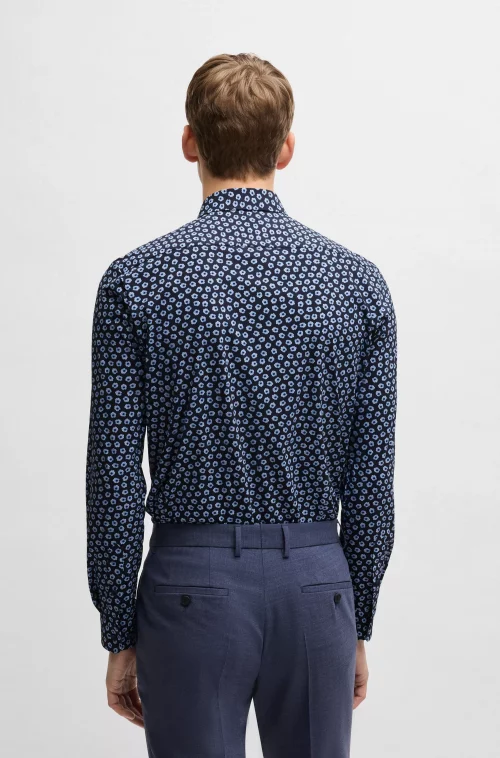 Chemise Manches Longues Ville Performance Fleurs Marine Bleu Fonce – Image 3