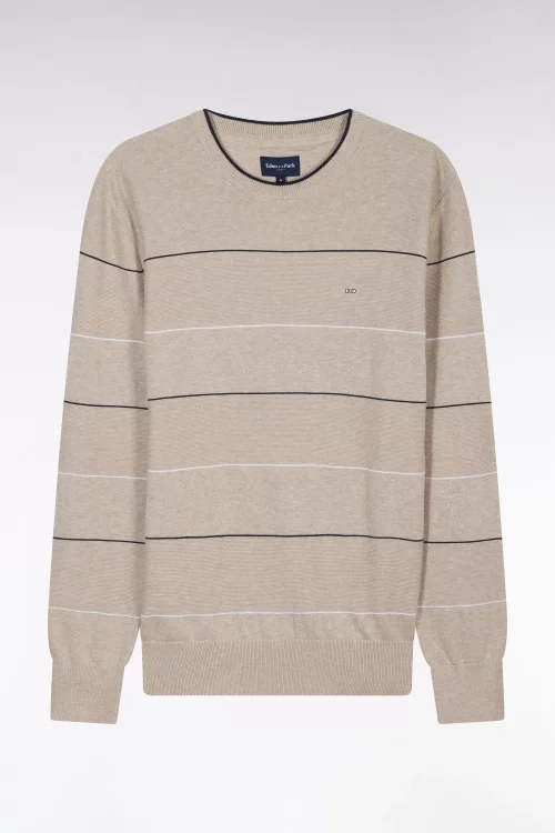 Pull Col Rond Fine Rayure Beige Moyen