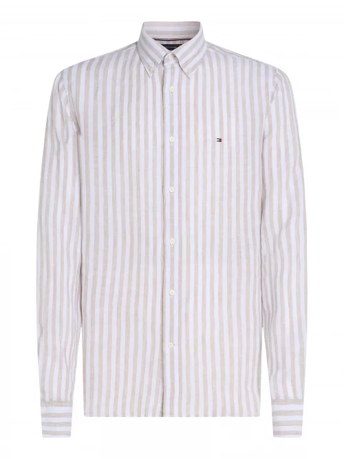 Chemise Manches Longues Sport Lin Rayure Large Beige Clair