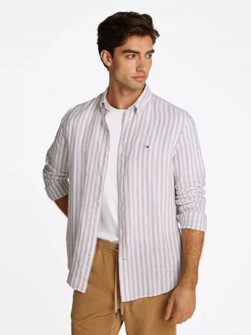 Chemise Manches Longues Sport Lin Rayure Large Beige Clair – Image 3