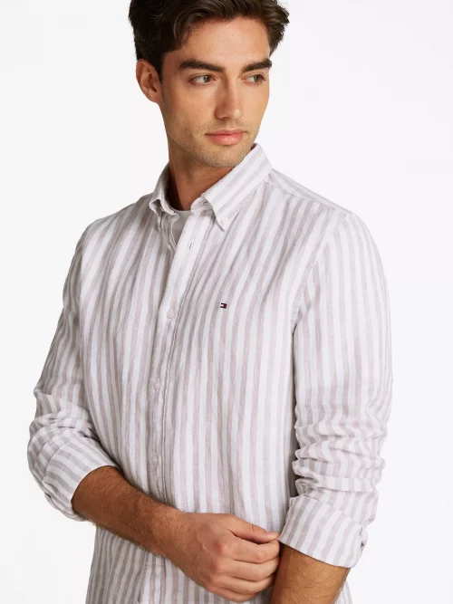 Chemise Manches Longues Sport Lin Rayure Large Beige Clair – Image 5