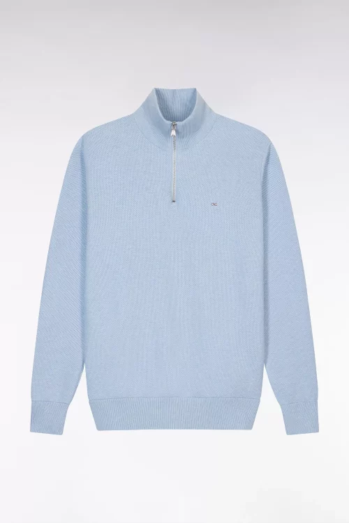 Pull Col Cheminee 111 Nid Abeille 1/2 Zip Bleu Clair