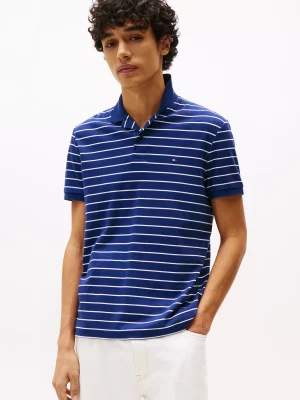 Polo Manches Courtes Mercerise Rayure Bicolore Bleu Moyen