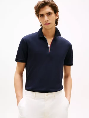 Polo Manches Courtes Interlock Zip Tricolore Bleu Fonce
