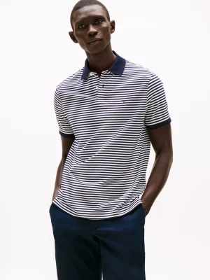 Polo Manches Courtes Rayure Bicolore Bleu Moyen
