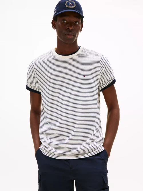 T-shirt Manches Courtes Fine Rayure Beige Clair