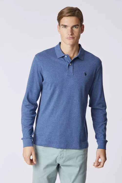 Polo Manches Longues Interlock Chine Bleu Moyen