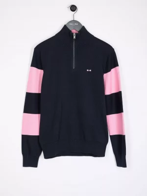 Pull Col Cheminee Bandes Contraste Manches Bleu Fonce