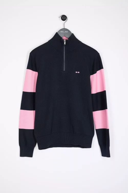 Pull Col Cheminee Bandes Contraste Manches Bleu Fonce