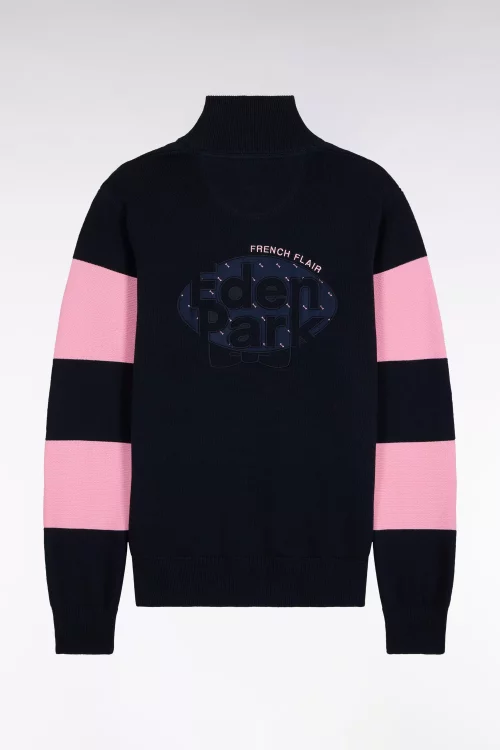 Pull Col Cheminee Bandes Contraste Manches Bleu Fonce – Image 2