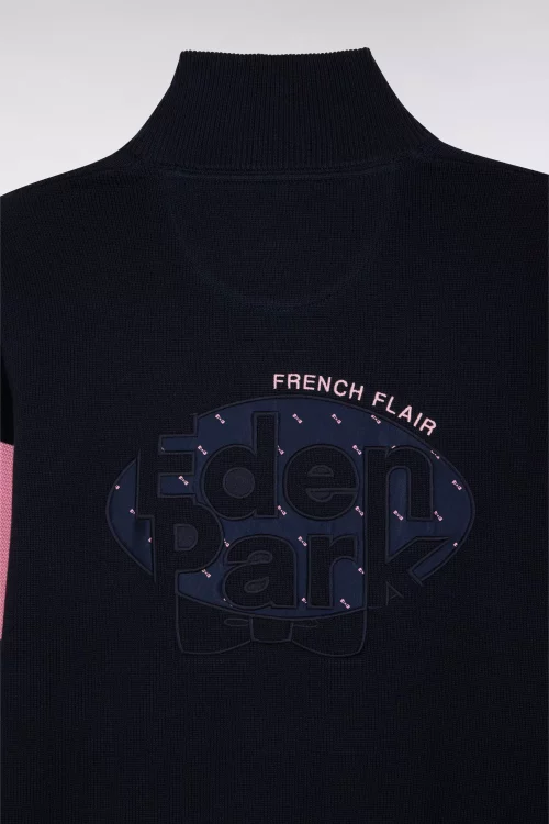 Pull Col Cheminee Bandes Contraste Manches Bleu Fonce – Image 3