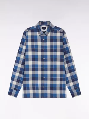 Chemise Manches Longues Sport Carreau Bicolore Bleu Moyen