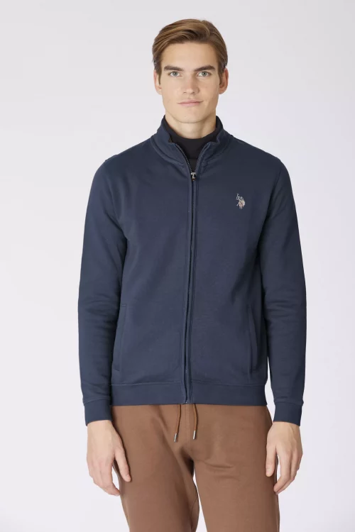 Gilet Manches Longues Molleton Zip Uni Bleu Fonce