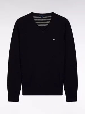Pull Col V Laine & Coton Bleu Moyen