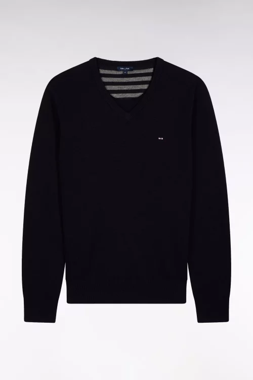 Pull Col V Laine & Coton Bleu Moyen