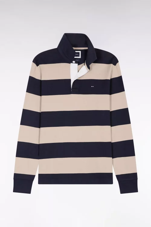 Polo Manches Longues Rayure Bicolore Beige Moyen