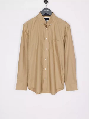 Chemise Manches Longues Sport Popeline Unie Coudieres Beige Moyen