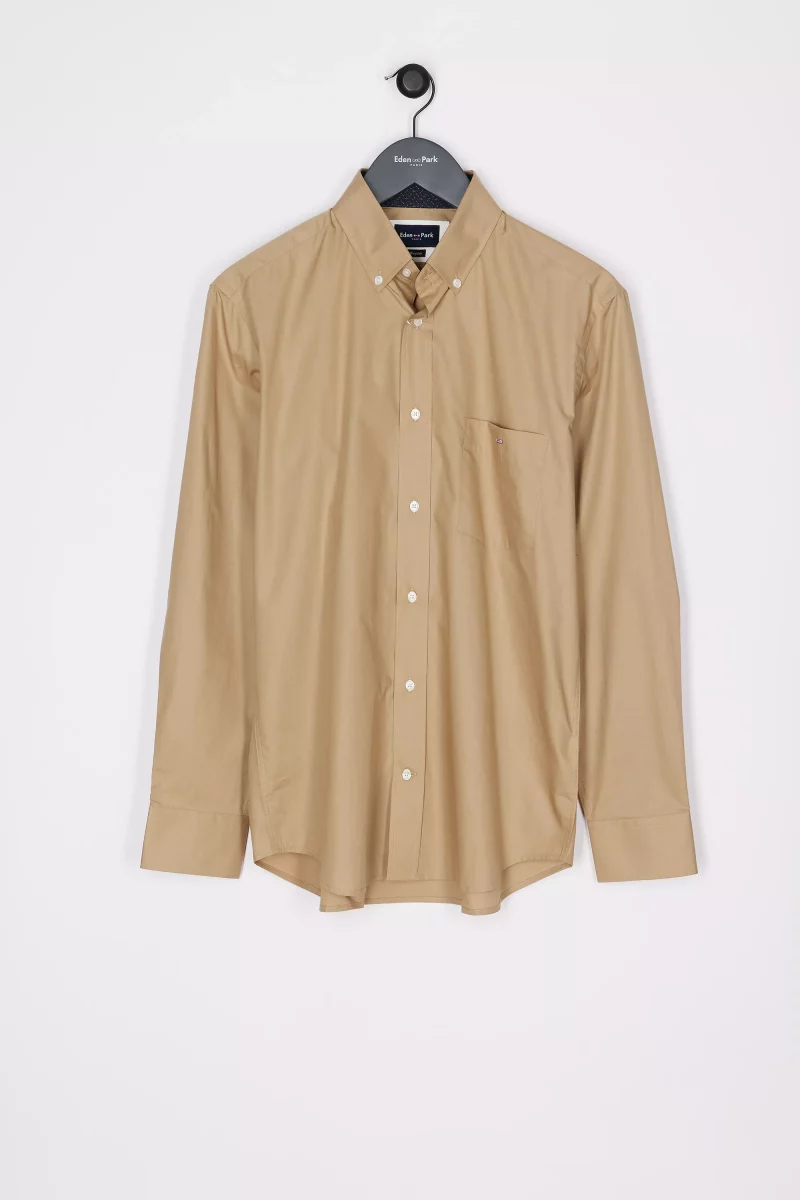 Chemise Manches Longues Sport Popeline Unie Coudieres Beige Moyen