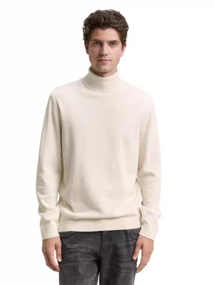 Pull Col Cheminee Coton Uni Roule Beige Clair