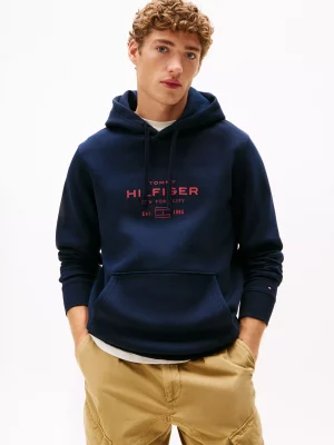 Pull Sweat  Molleton Print Capuche Bleu Fonce