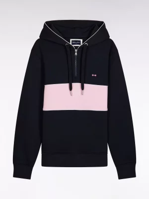 Pull Sweat  Molleton Capuche Bande Bleu Fonce