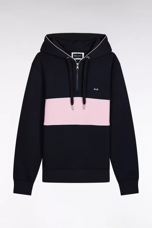 Pull Sweat  Molleton Capuche Bande Bleu Fonce