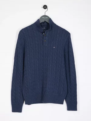 Pull Col Cheminee Torsade Col Boutons Bleu Moyen