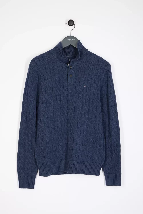 Pull Col Cheminee Torsade Col Boutons Bleu Moyen