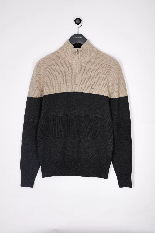 Pull Col Cheminee Bicolore Beige Moyen
