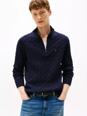 Pull Col Cheminee Torsade 1/2 Zip Bleu Fonce