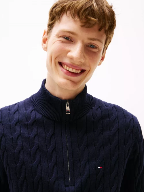 Pull Col Cheminee Torsade 1/2 Zip Bleu Fonce – Image 5
