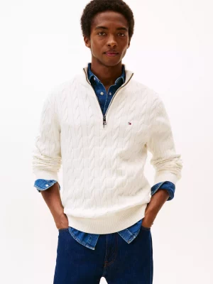 Pull Col Cheminee Torsade 1/2 Zip Beige Clair