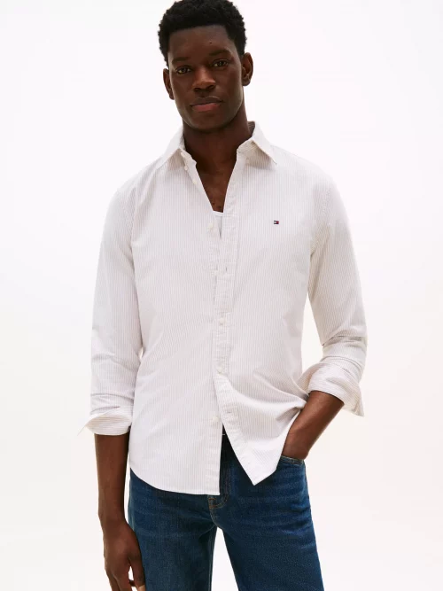 Chemise Manches Longues Sport Oxford Rayure Beige Moyen