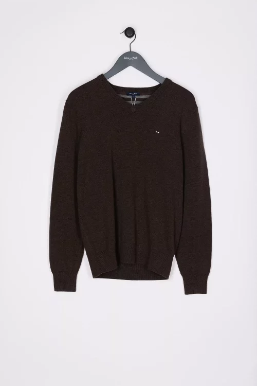 Pull Col V Laine & Coton Beige Fonce