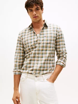 Chemise Manches Longues Sport Oxord Carreau Vert Kaki Moyen