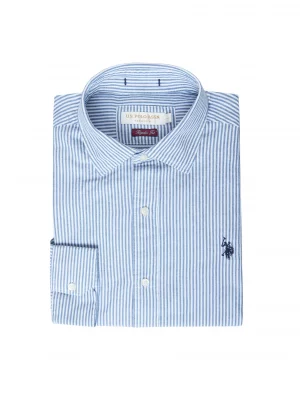 Chemise Manches Longues Sport Twill Raye Gratte Bleu Moyen