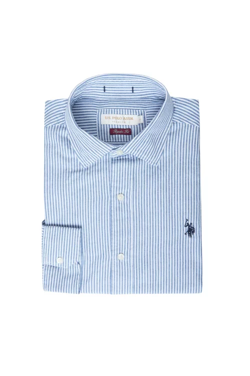 Chemise Manches Longues Sport Twill Raye Gratte Bleu Moyen