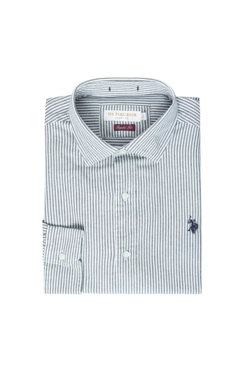 Chemise Manches Longues Sport Twill Raye Gratte Kaki Moyen