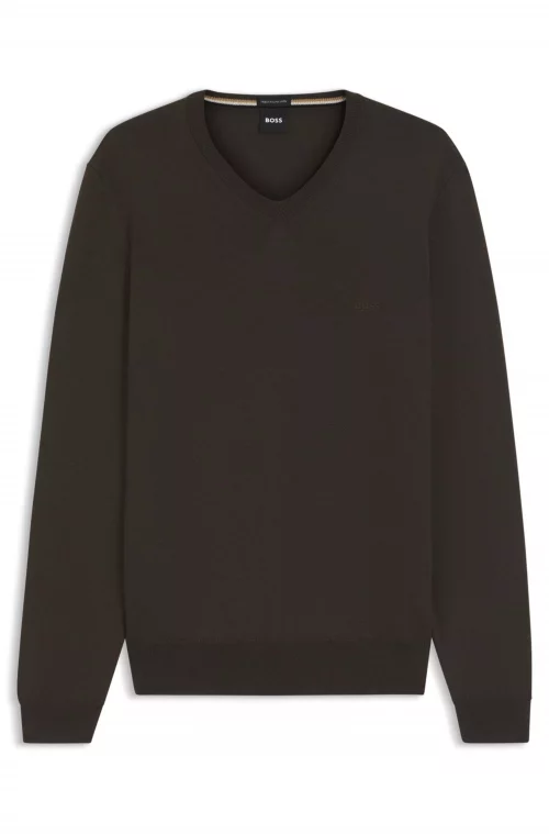 Pull Col Cheminee Merinos V Uni Kaki Fonce
