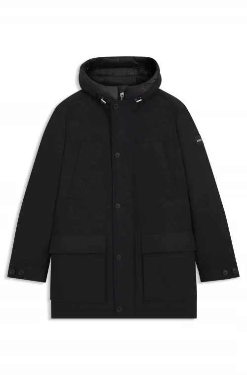 Grosse Piece Parka Nylon Capuche Double Doudoune Noir Fonce