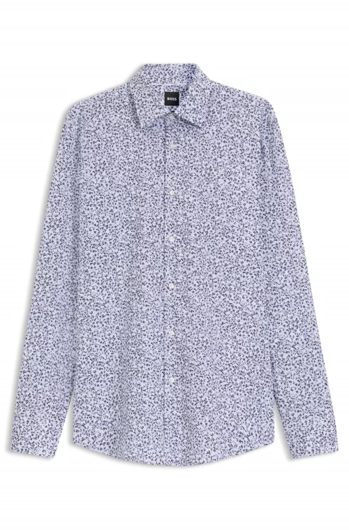 Chemise Manches Longues Ville Imprime Fleurs Bleu Moyen