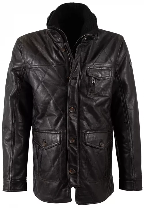 Cuir Blouson Agneau Piqures Losange Beige Fonce
