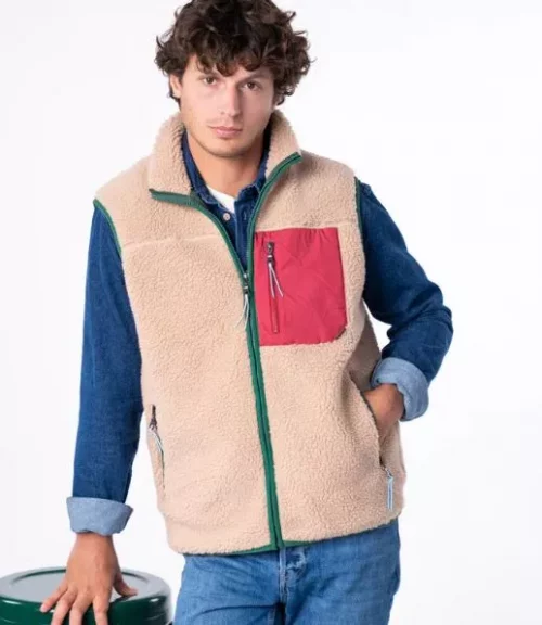 Gilet Manches Longues Sherpa Sans Manche Beige Moyen – Image 2