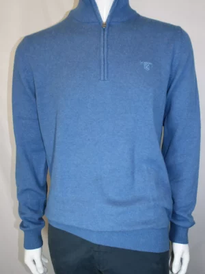 Pull Col Cheminee Coton Laine Bleu Moyen